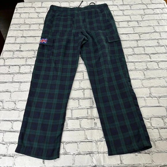 Vintage Golf Plaid Green And Blue Cargo Pants Made In USA sz Large GB Flag Patch